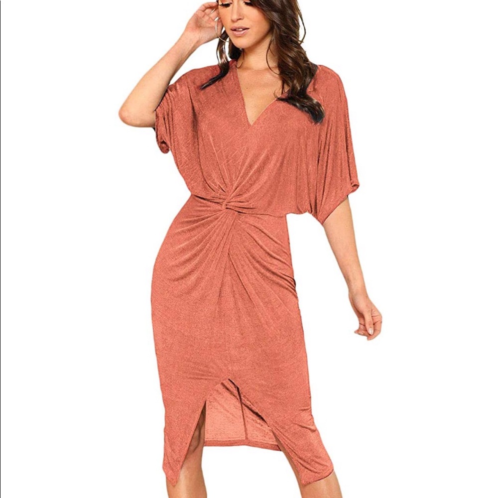 Short sleeve v-neck twist front slip midi dress